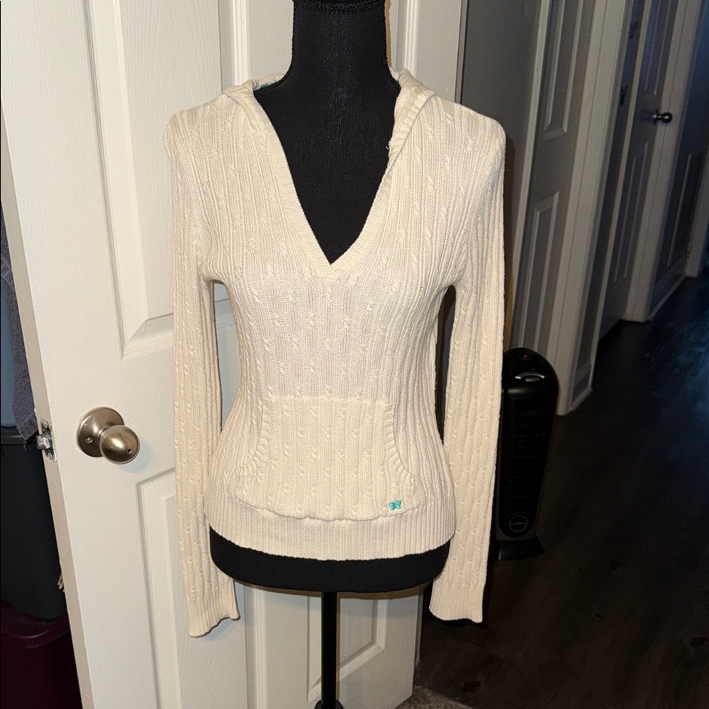 🖤AEROPOSTALE VINTAGE CREAM THIN CABLE KNIT HOODED V-NECK SWEATER SIZE L🖤